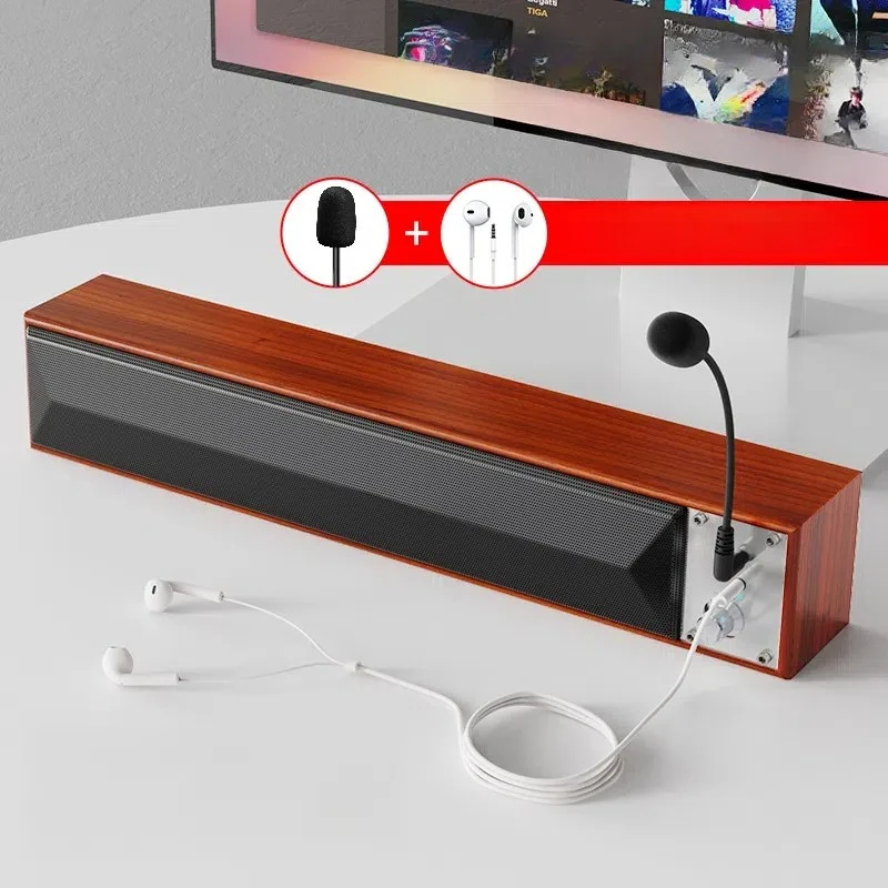 Computer Desktop Soundbar With Microphone, Home Use For Desktops And Laptops, Wired Wooden Bluetooth Mini Speaker.