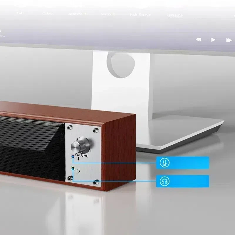 Computer Desktop Soundbar With Microphone, Home Use For Desktops And Laptops, Wired Wooden Bluetooth Mini Speaker.